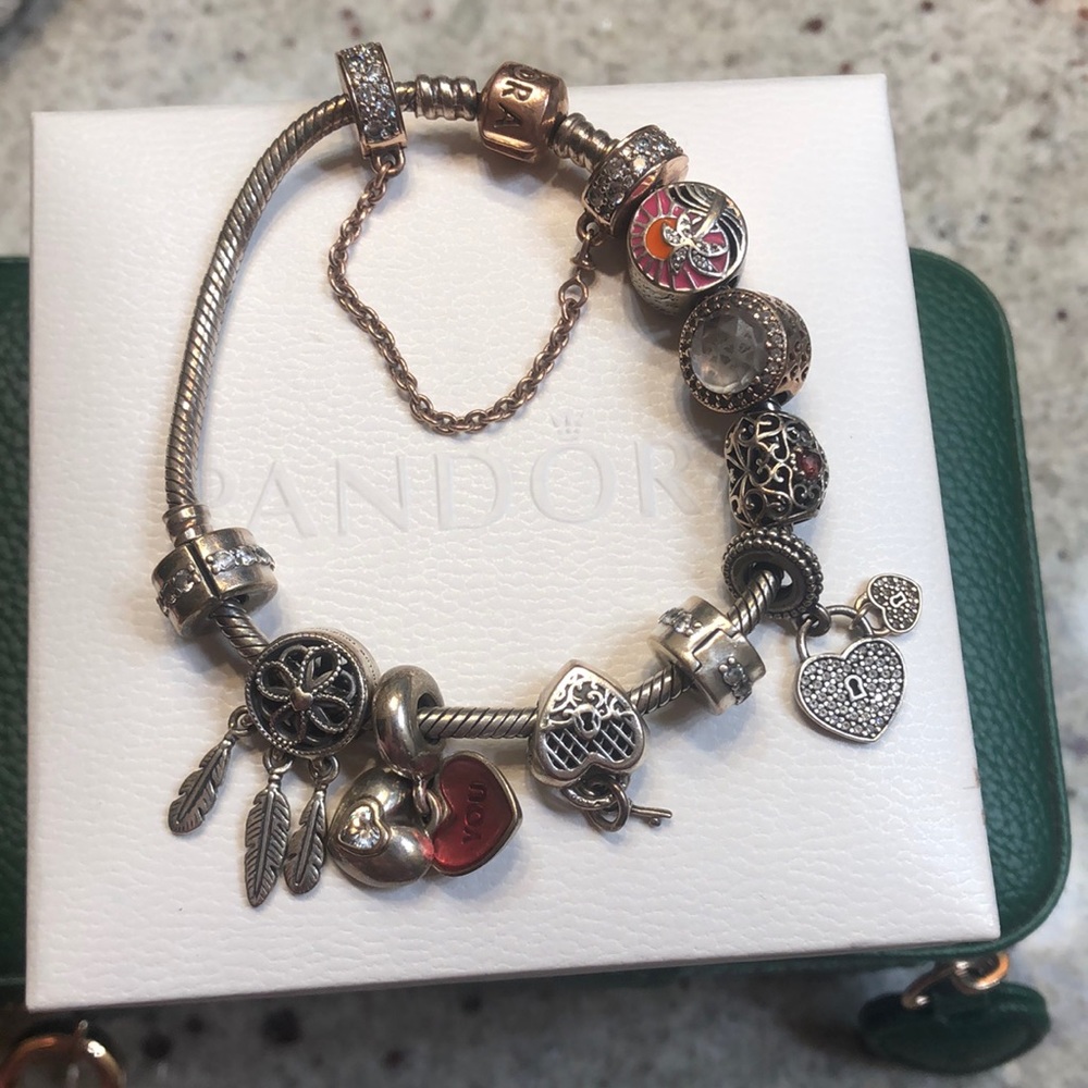 AUTHENTIC PANDORA CHARM BRACELET -INCLUDES 7 CHARMS